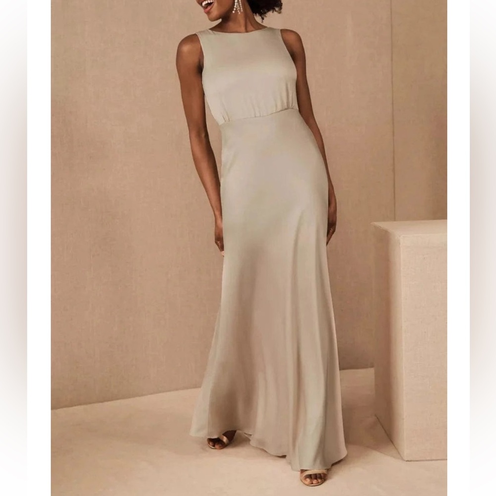 NWT BHLDN Beckett Satin Dress Sleeveless High Neck Maxi In Champagne Size US 2